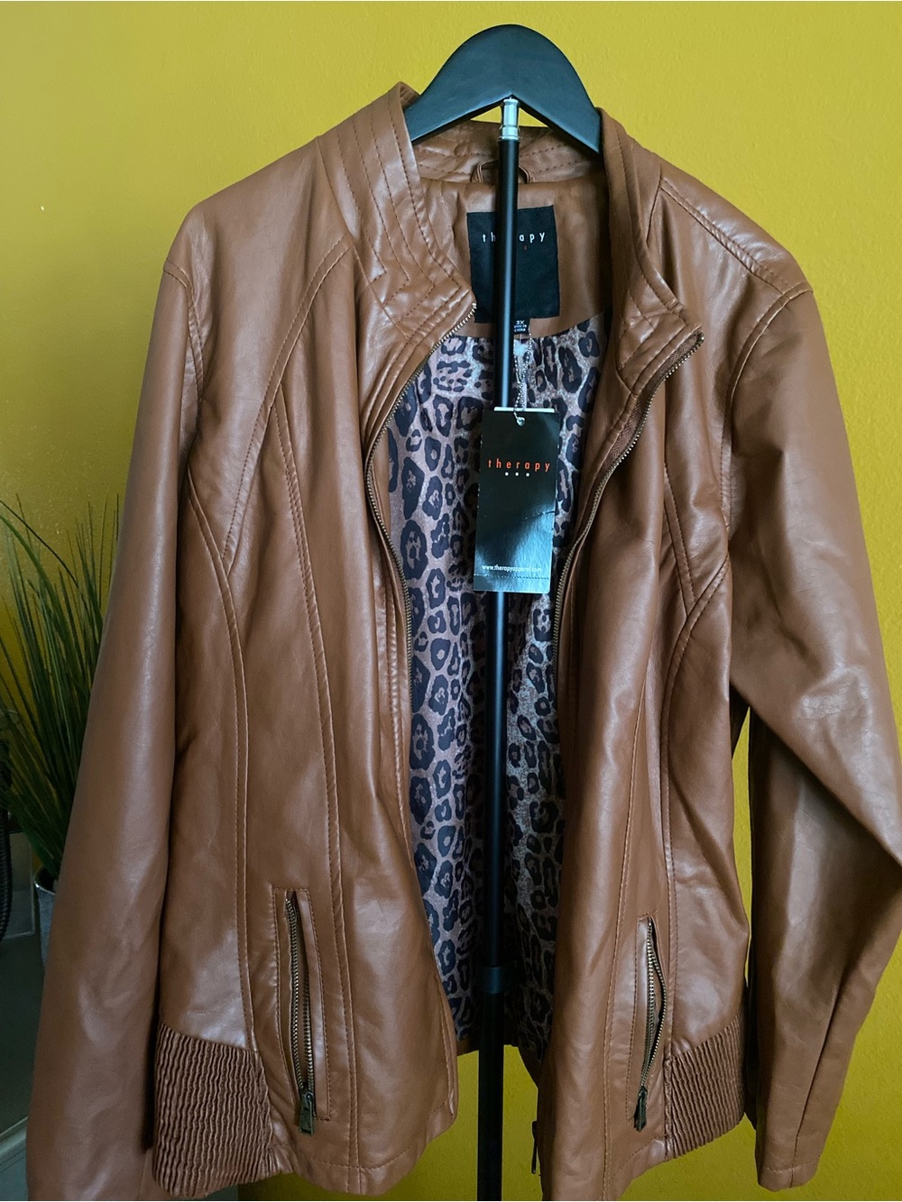 therapy Caramel Brown Faux-Leather Moto Jacket with Leopard Lining
